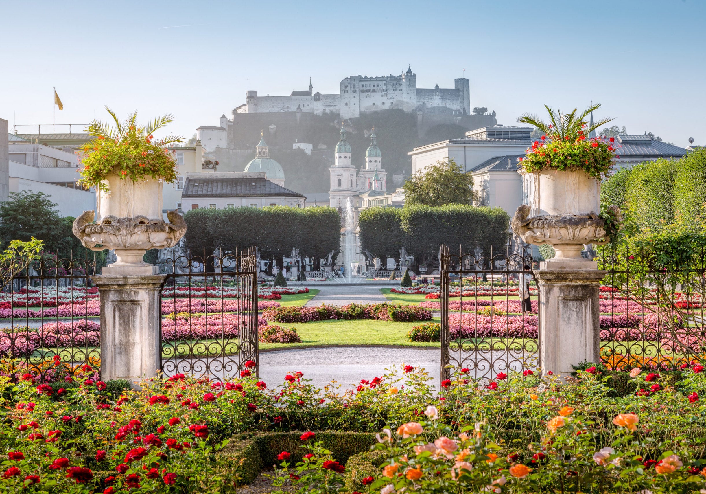 Mirabell garden at Stadt Salzburg in the morning in summer, Salzburg, Austria